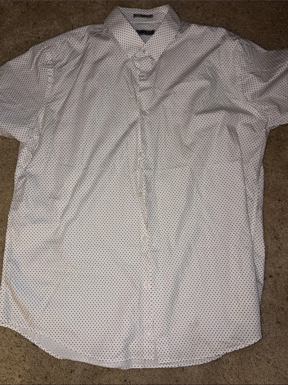 Express Men’s White Short-Sleeve Button-Down Shirt with Black Micro Dots